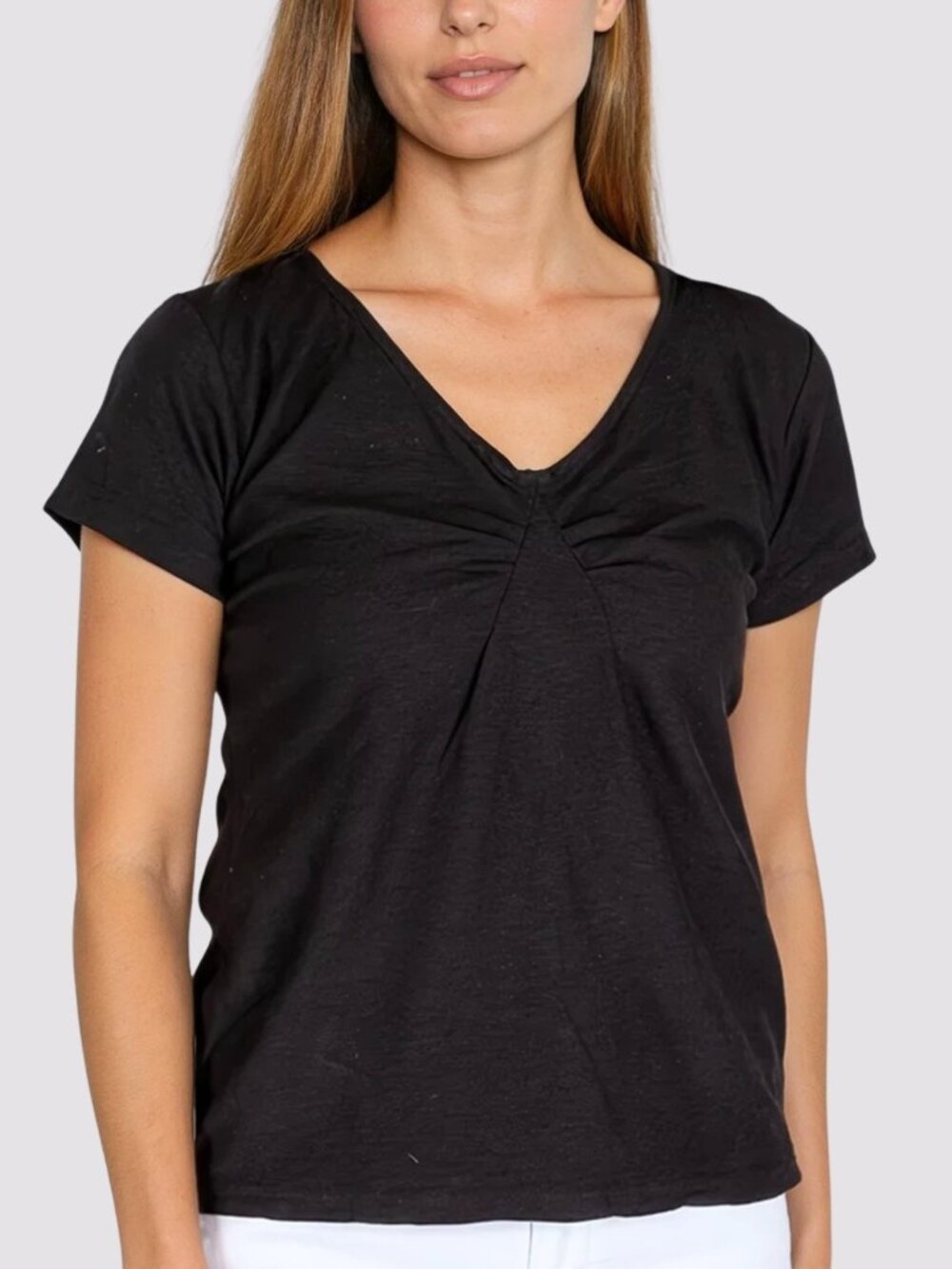 Cut Loose Black Cotton Linen T-Shirt Tuck-Front Short Sleeve Size L NWT